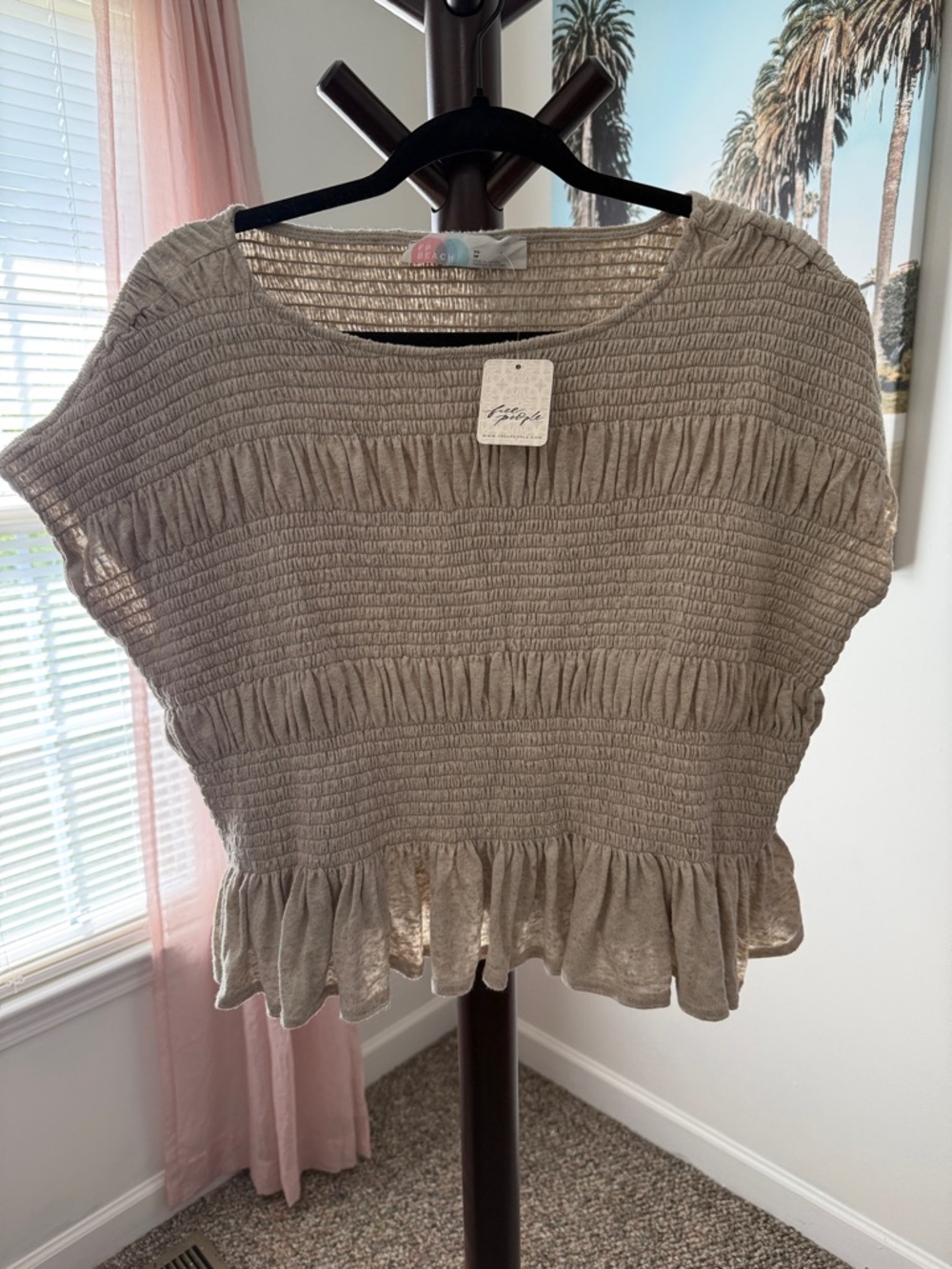 Free People Taupe Smocked Ruffle Crop Top